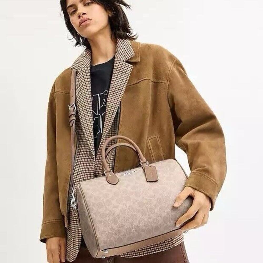 NWT Coach Rowan Large Satchel Bag In Signature Canvas CV959 Sand Taupe Silver - Picture 6 of 9